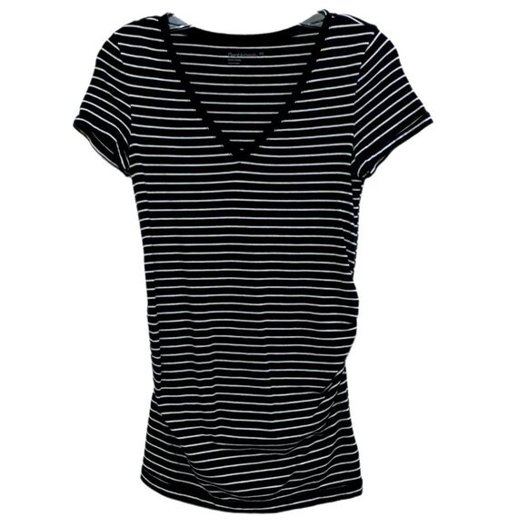 GAP MATERNITY PURE BODY T-SHIRT WOMEN XS BLACK WHITE STRIPES V-NECK SIDE RUCHING - Picture 1 of 9